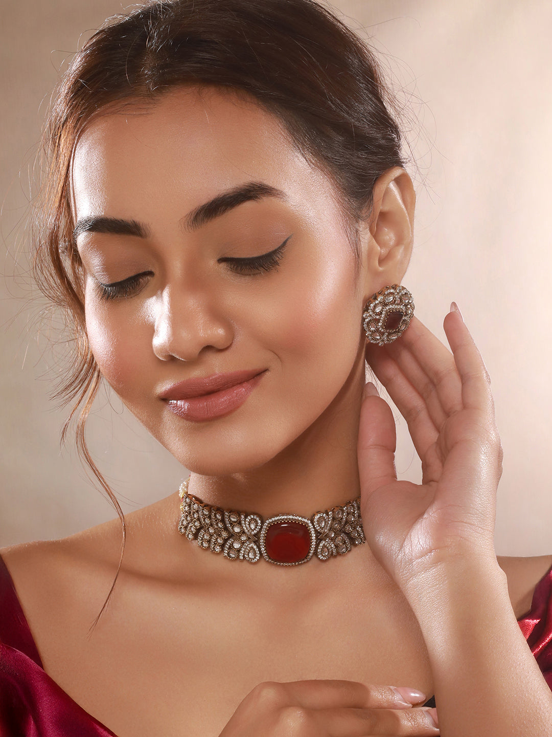 Gold  Toned Ruby Red Mossanite Kundan  Statement  Choker Jewellery Set